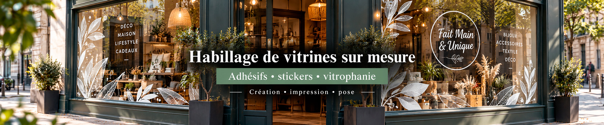 Vitrine de magasin décorée avec lettrage adhésif blanc, motifs botaniques et vitrophanie personnalisée