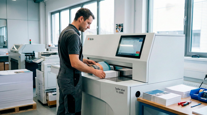 Operateur réalisant une reliure en dos carré collé