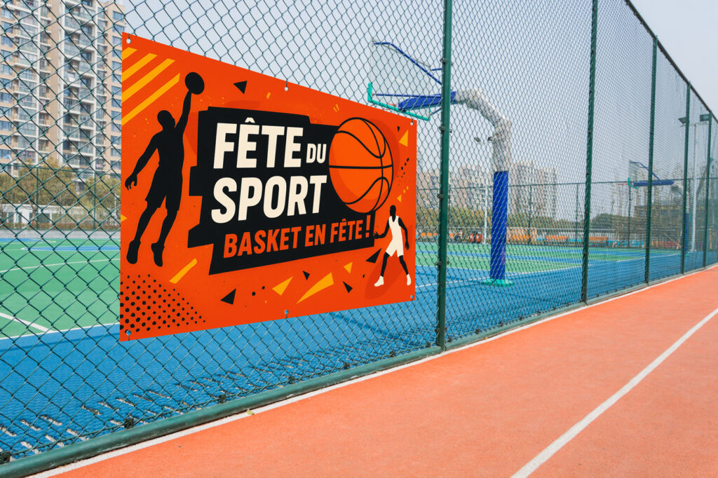 Banderole personnalisée en bâche PVC installée le sur un grillage pour une compétition sportive en extérieure.