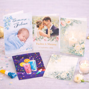 Cartes de vœux et faire-part personnalisés imprimés sur papier de qualité – naissance, mariage, invitation et hommage