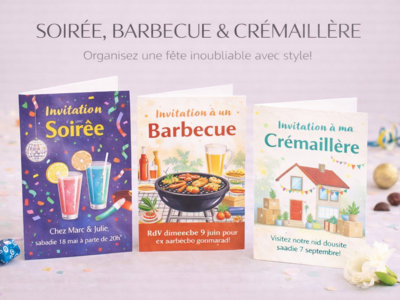 Impression de faire-part et cartes d'invitation personnalisées pour vos évènements barbecue, déménagement, emménagement, soirée, crémaillère