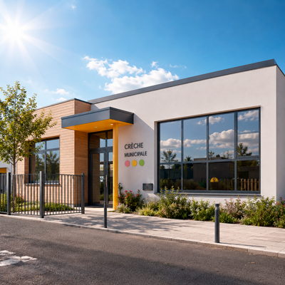 Film solaire réfléchissant anti-chaleur posé sur les vitrages d’une crèche municipale