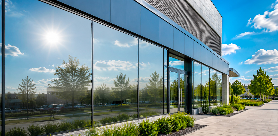 Film solaire réfléchissant anti-chaleur posé sur une vitrine professionnelle