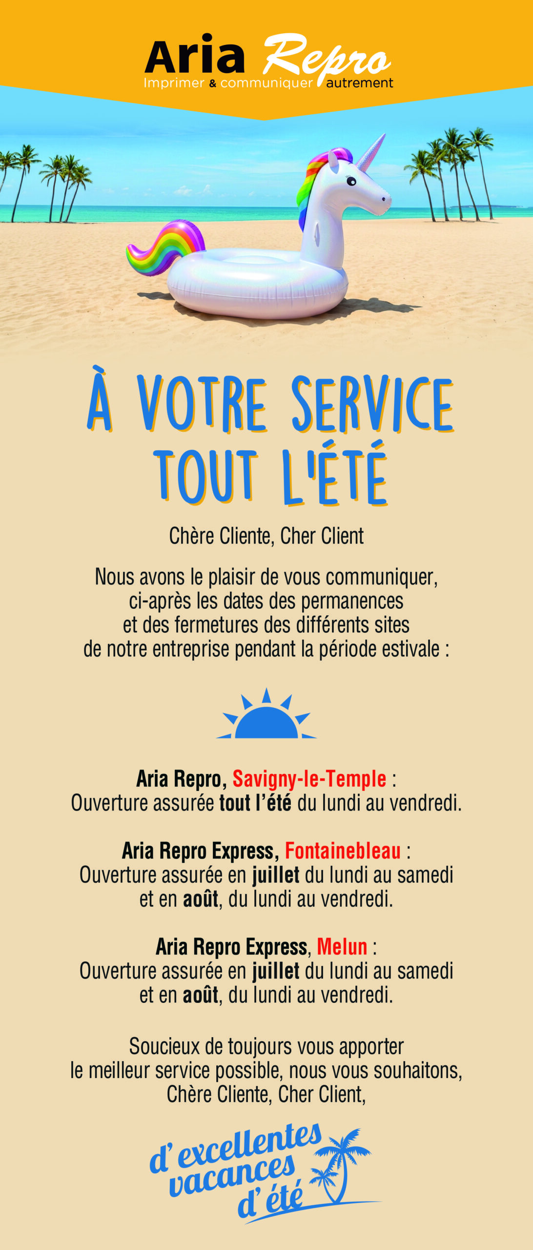 découvrez les horaires d'été des agences ARIA Repro pendant les vacances