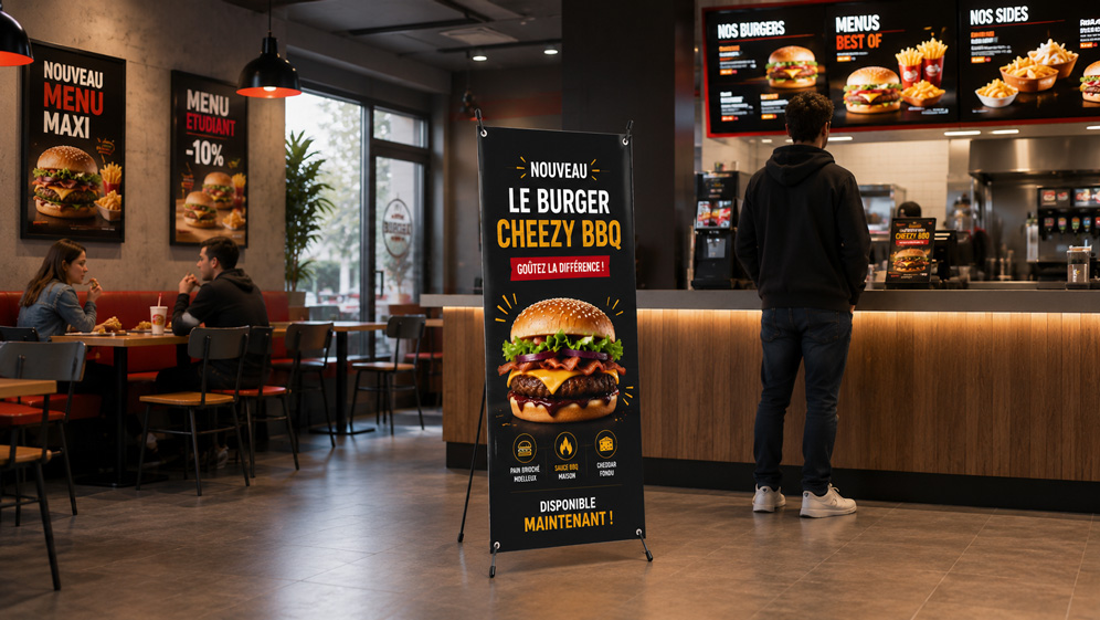 X-Banner 60 × 160 cm présentant un nouveau burger dans un fast-food à Sénart