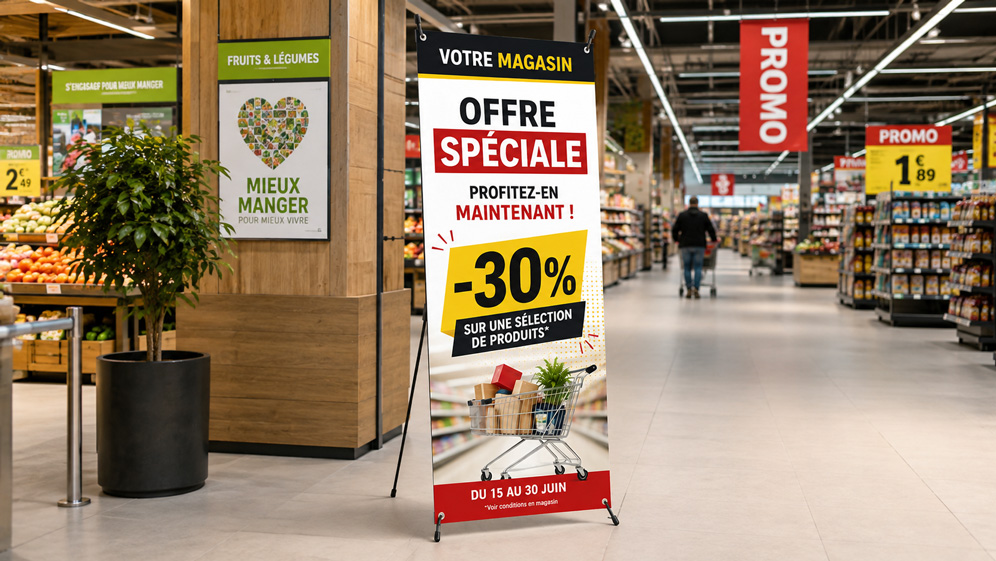 X-Banner 60 × 160 cm avec affiche promotionnelle dans un magasin à Sénart