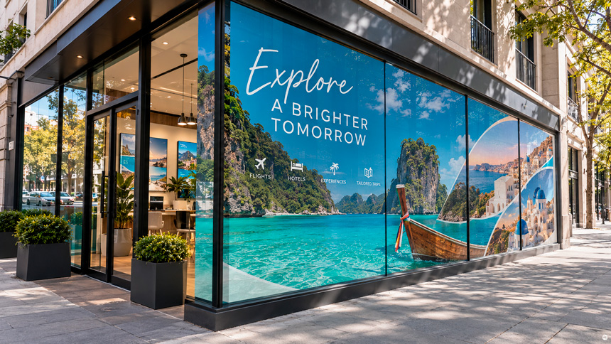Vitrine d'agence de voyages habillée d'un adhésif microperforé imprimé avec paysages tropicaux en grand format
