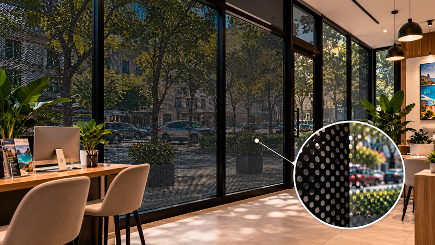 Vue intérieure d'une vitrine avec film microperforé noir permettant de voir vers l'extérieur à travers les perforations