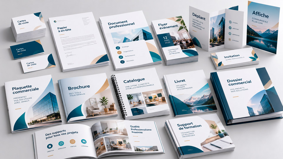 cartes de visite, papier à en-tête, flyers, brochures et dossiers commerciaux