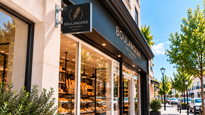 Enseigne drapeau noire double face pour boulangerie, avec potences aluminium et fixation murale