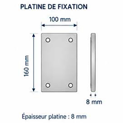 Plan technique d’une platine de fixation murale pour enseigne drapeau, dimensions 160 × 100 mm et épaisseur 8 mm