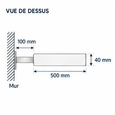 Plan technique vue de dessus d’une enseigne drapeau aluminium de 500 mm, épaisseur 40 mm et déport mural de 100 mm
