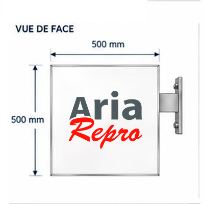 Plan technique vue de face d’une enseigne drapeau aluminium 50 × 50 cm avec fixation murale – ARIA Repro