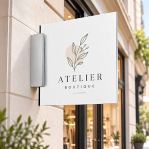 Enseigne drapeau plate en aluminium composite 6 mm avec fixation murale discrète sur une façade de boutique