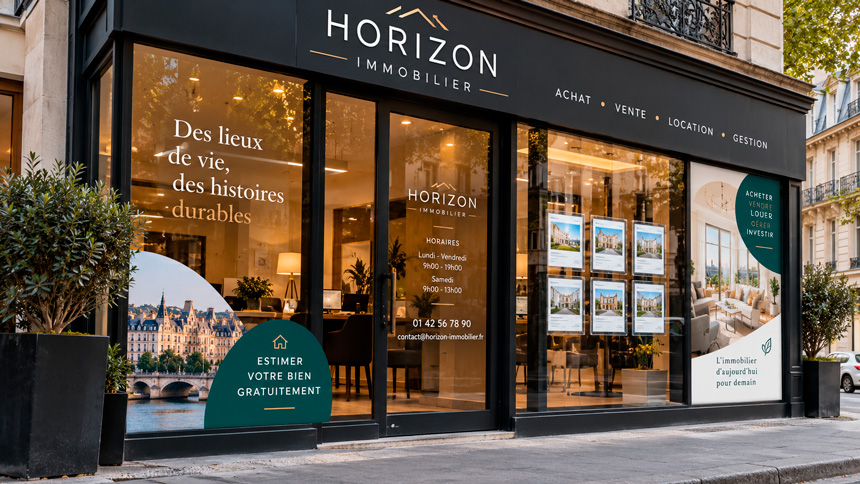 Vitrine d'agence immobilière avec stickers imprimés, lettrage adhésif découpé, logo et décoration personnalisée