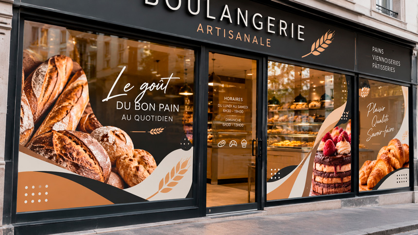 Vitrine de boulangerie décorée avec adhésifs imprimés grand format, photos de pains et pâtisseries et horaires d’ouverture