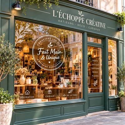 Habillage de vitrine de boutique avec lettrage adhésif blanc, logo et décoration personnalisée sur verre