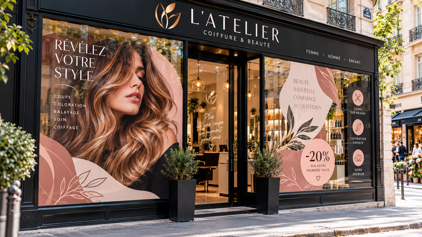 Vitrine de salon de coiffure décorée avec adhésifs imprimés en couleur, photographie grand format et visuels promotionnels