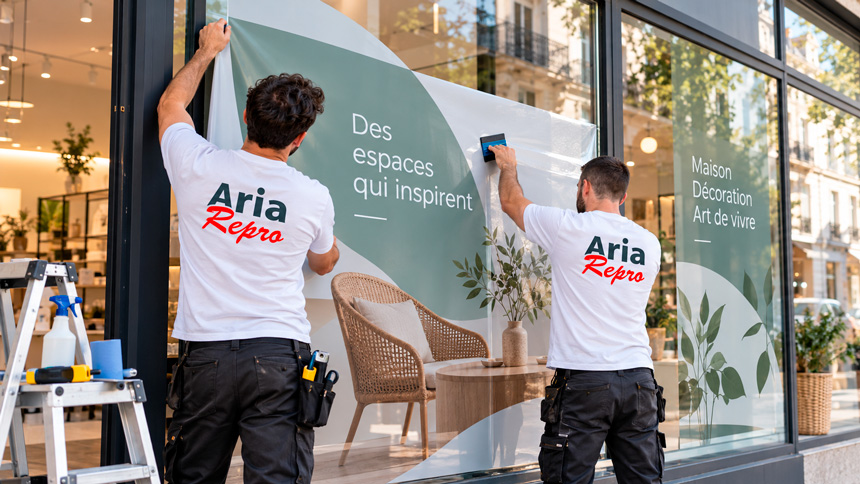 Deux techniciens ARIA Repro de dos réalisant la pose d'un adhésif imprimé grand format sur une vitrine de magasin