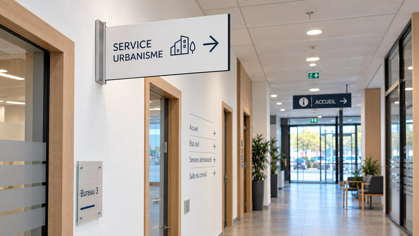 Panneau de signalétique drapeau indiquant le service urbanisme dans un couloir d'administration