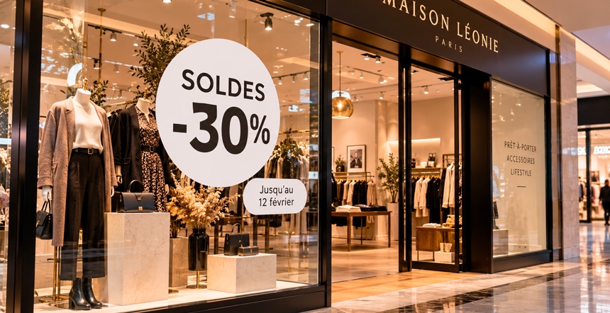 Vitrine de boutique de prêt-à-porter avec sticker Soldes -30 % imprimé sur vinyle blanc enlevable
