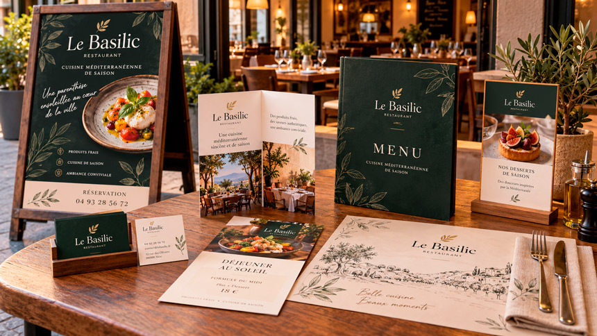 Supports imprimés pour restaurant : cartes de visite, menu, flyer, dépliant, set de table, PLV et stop-trottoir